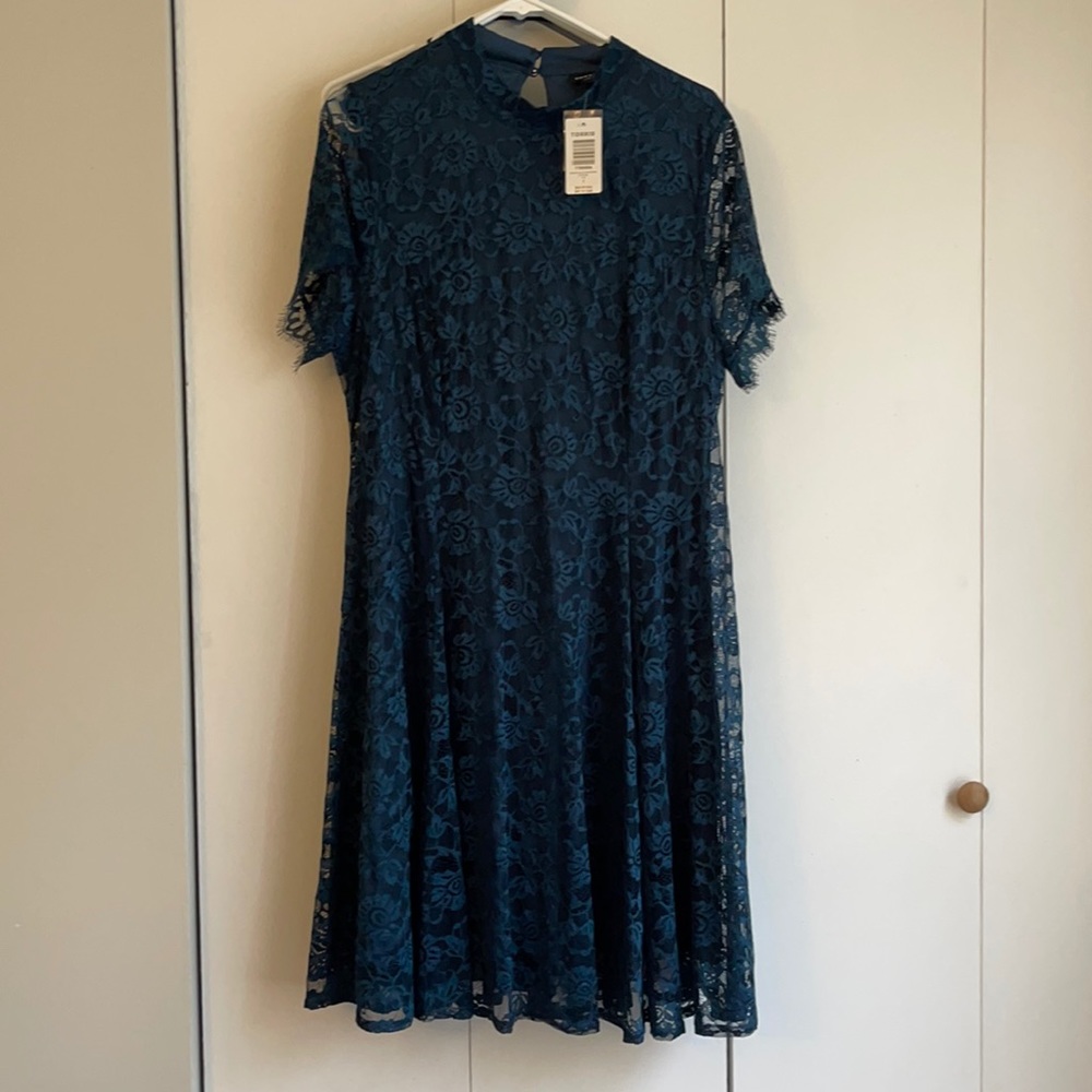 Teal tea length lace dress